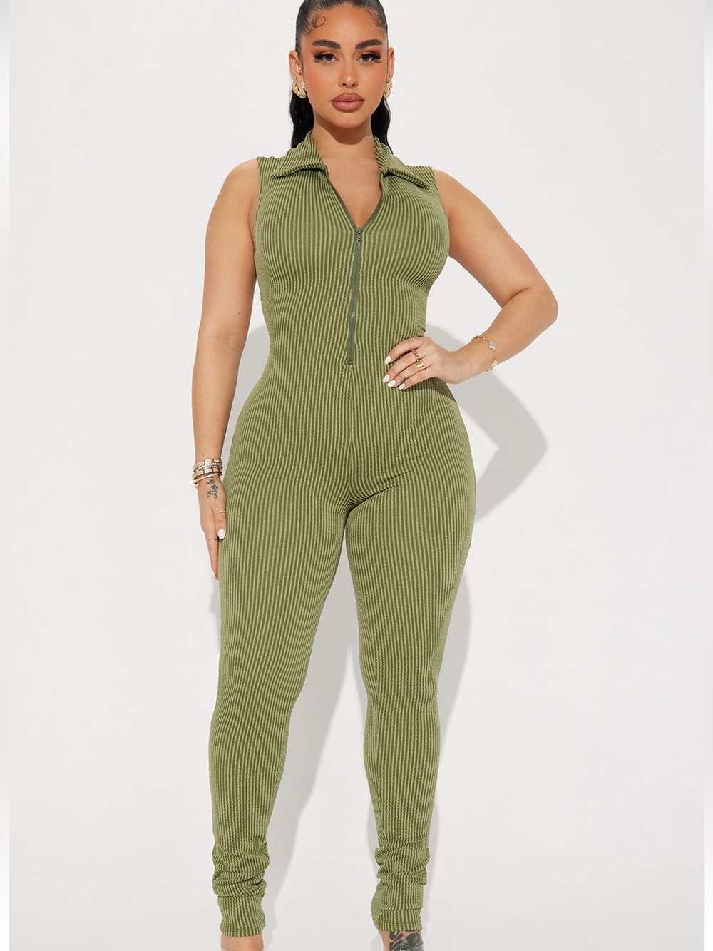 Fashion Nova Olive Green Ribbed Collared Jumpsuit with Zip